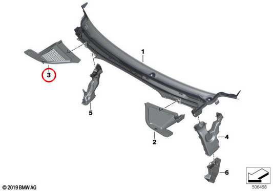 OEM 5171717434884 windshield channeling cover for BMW G05, F95, G06, F96, G07, G09. Original BMW.
