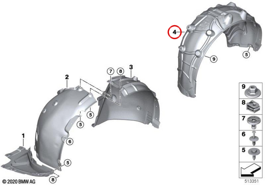 Tampa do arco da roda traseira esquerda OEM 51719448017 para BMW G26. BMW genuíno.