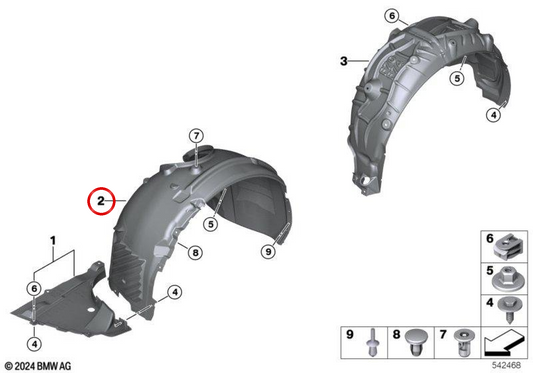 Tampa do arco da roda dianteira direita OEM 51719629836 para BMW X1 (F70), X2 (F74), X2 (F78). BMW genuíno.