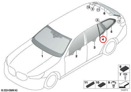 Finestra posteriore posteriore fissata a destra OEM 51725A058D2 per BMW G61 Touring, G99 M5 Touring. BMW originale.
