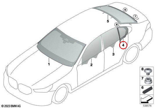 Feste hintere rechte Scheibe OEM 51725A058D4 für BMW 5er Reihe G68 525Li, 530Li, 530LiX, i5 eDrive35L, i5 eDrive40L, i5 xDrive50L. Original BMW.
