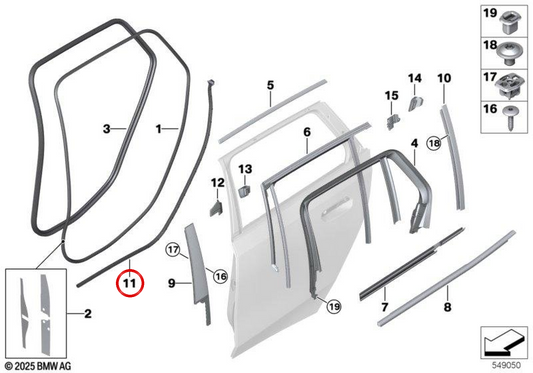 Junta de estanqueidad entrada de puerta derecha OEM 51725A19E44 para BMW E90, E91, E92, E93. Original BMW.