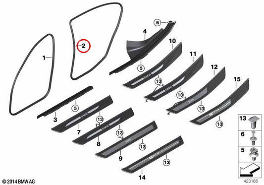Protector de canto de puerta trasera OEM 51727278506 para BMW F18. Original BMW.