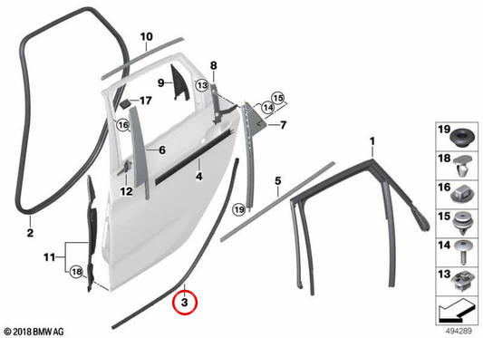 **Junta de vedação da porta traseira OEM 51727298893 para BMW F45, F46. BMW original.**