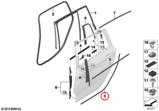 Junta de puerta trasera OEM 51727316810 para BMW Serie 2 Active Tourer F46, F46N. Original BMW.
