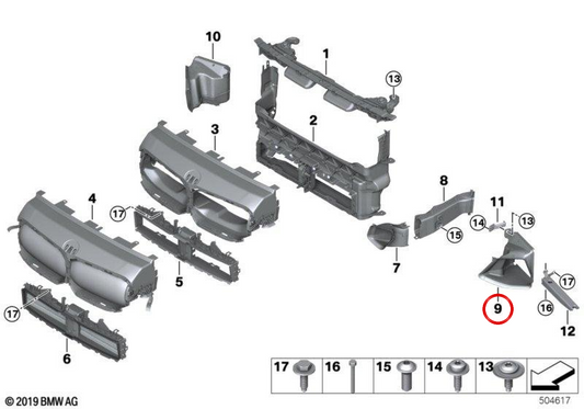 Condotto ad aria per radiatore sinistro OEM 51747474677 per BMW F44. BMW originale.
