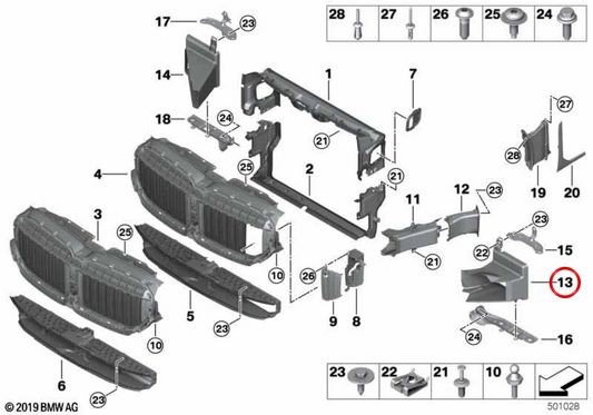 Conduit d'air pour radiateur gauche OEM 51747475271 pour BMW G11, G12. BMW d'origine.