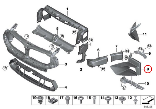 Conducto de aire para radiador derecho OEM 51748059690 para BMW F91, F92, F93. Original BMW.