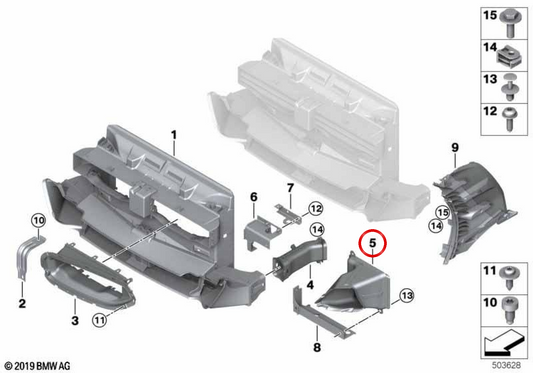 Condotto ad aria per radiatore ausiliario sinistro OEM 51748074137 per BMW G29. BMW originale.
