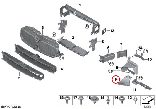 Condotto ad aria per radiatore destro OEM 51748098660 per BMW G30, G31. BMW originale.