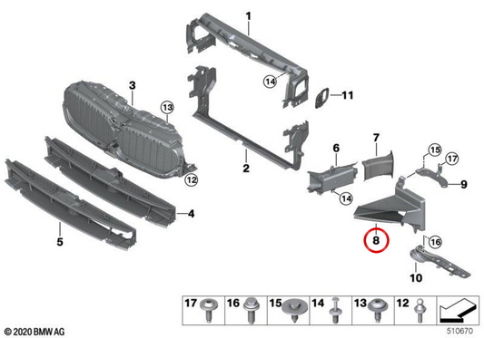 Condotto ad aria per radiatore ausiliario sinistro OEM 51749464211 per BMW G30, G31. BMW originale.