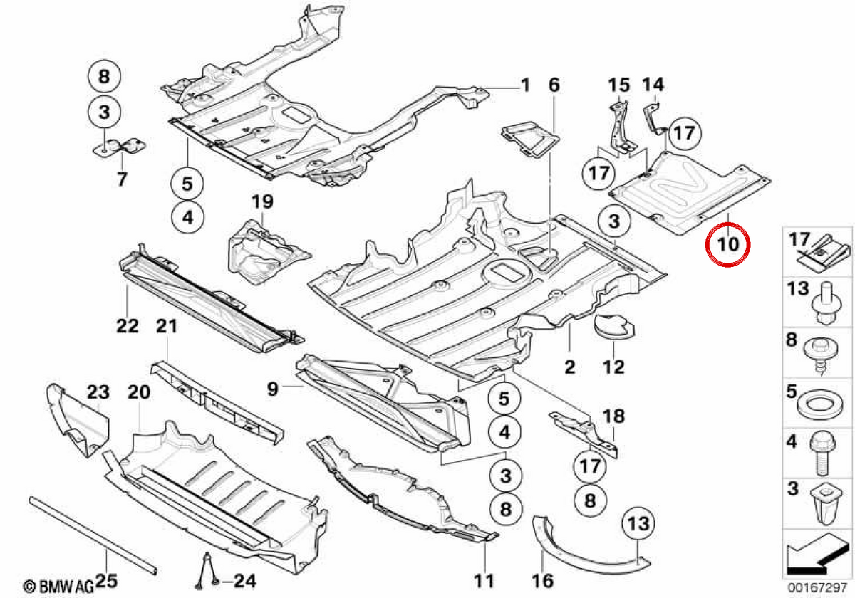 Revestimiento de bajos central OEM 51757167810 para BMW E81, E87, E88, E90, E91, E92, E93... y más. Original BMW.