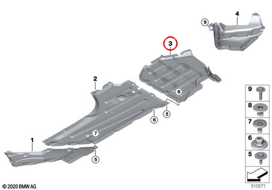 Protettore basso sinistro (copertura del serbatoio) OEM 51758074609 per BMW G80, G81, G82, G83. BMW originale.