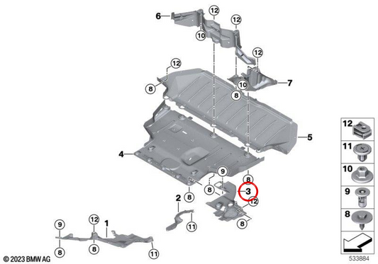 Protector inferior trasero izquierdo OEM 51759450509 para BMW U11, U10. Original BMW.