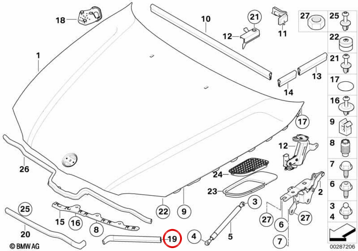 Junta do capô dianteiro esquerdo OEM 51767159607 para BMW E90 e E91. BMW genuíno.