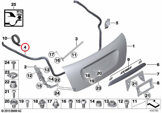 Rear trunk lid perimeter seal OEM 51767360366 for MINI Cabrio F57, F57 LCI, F57 BEV, F67 and more. Original MINI