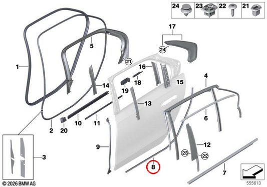 Burlete de puerta trasera izquierda OEM 51769447441 para BMW Serie 1 F20, F21; Serie 3 F30, F31; Serie 4 F32, F33, F36. Original BMW