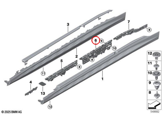 OEM 51775A1C2C3 left lateral molding support for BMW G60, G61, G90. Original BMW.