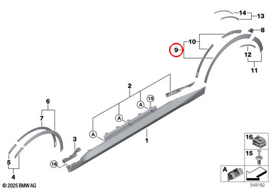 Moldagem do arco da roda traseira esquerda com primer OEM 51775A2E9E3 para BMW G42. BMW genuíno.