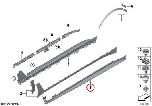 Copertura in basso a sinistra della gonna laterale OEM 51775A36103 per BMW G26 (4a serie): M50 XDRIVE, EDRIVE40, I4 EDRIVE35, I4 XDRive40. BMW originale.