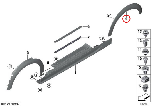 Moldura de pasarruedas trasera derecha JCW OEM 51775A53DD2 para MINI F66 Cooper C, Cooper S, JCW... y más. Original MINI.