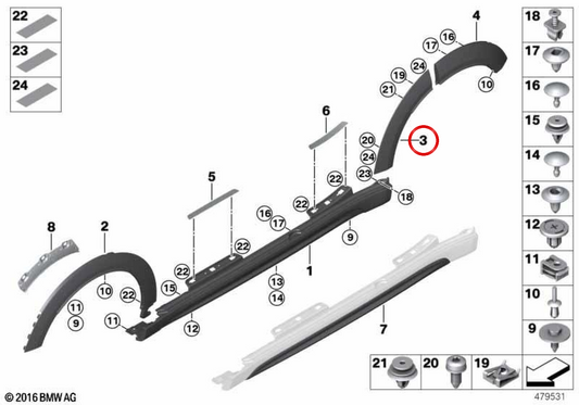 Painel do arco da roda traseira direita OEM 51777389364 para MINI Countryman F60, F60 LCI. MINI originais.