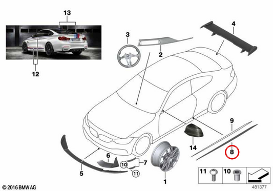 Embellecedor lateral izquierdo en carbono OEM 51777993029 para BMW F82, F83. Original BMW.