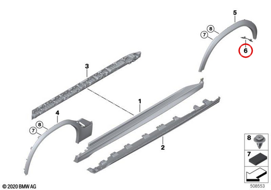 Extensión de aleta trasera izquierda OEM 51778075349 para BMW F96 (X6 M). Original BMW.