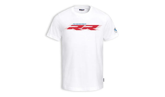 Camiseta blanca RR para BMW Motorrad S1000RR. Original BMW Motorrad. Diseño deportivo con gráficos RR, logo BMW Motorsport y estampado trasero. Disponible en tallas S a 3XL. 100% algodón. Ideal para fans de la gama RR.