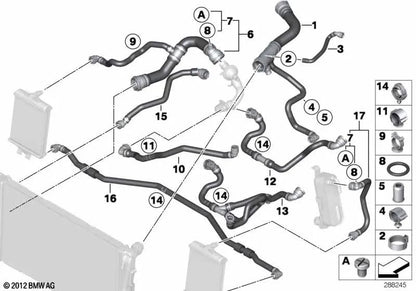 Manguera de refrigerante para BMW F20, F21, F22, F23, F30, F31, F34, F35, F32, F33, F36 (OEM 17127624676). Original BMW.