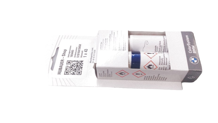Set de lápiz de retoque color azul Montegoblau metalizado OEM 51910415658 para BMW E81,E82,E87,E88,E90,E91,E92,E93,F20,F21,F22,F23,F30,F31,F32,F33,F34,F36,G20,G21,X1,X3,X4,X5,X6,Z4. Original BMW.