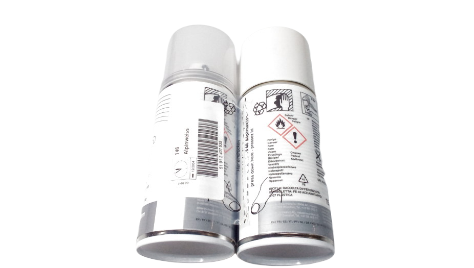 Spray de tinta branca alpina (Alpinweiss uni) 2x150ml OEM 51912407535 para BMW Motorrad {KK56, K75, K75 S, R100 GS PD, R65 GS, R80 GS, R80 GS PD}. BMW genuíno.
