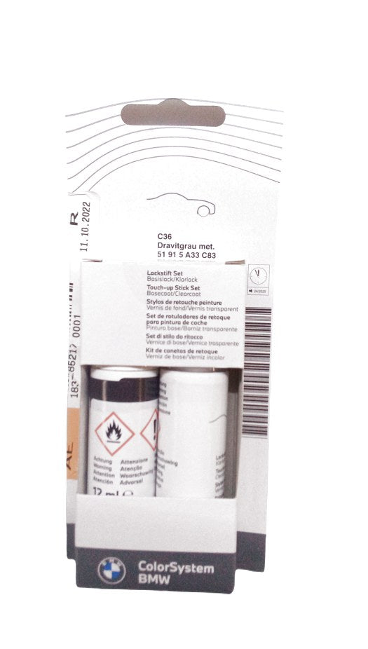Set de pintura en lápiz retocar color Dravitgrau metalizado OEM 51915A33C83 para BMW F20, F21, F22, F23, F30, F31, F32, F33, F34, F36, G20, G21, G30, G31, X3 G01, X4 G02, X5 G05, X6 G06. Original BMW.