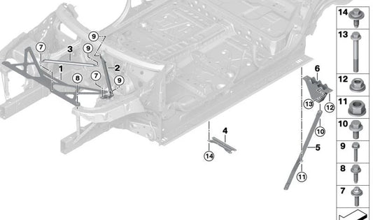 Refuerzo izquierdo de torreta delantero OEM 51617337923 para BMW X5 G05, G05N, G18, G18N; X6 G06, G06N; X7 G07, G07N; XM G09. Original BMW.