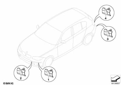 Soporte sensor PDC delantero exterior derecho OEM 51117118156 para BMW E87. Original BMW.