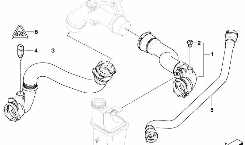 Manguera de refrigerante OEM 17123413819 para BMW X3 {E83} 2.5i y 3.0i (todos los modelos con motor M54, automático o manual, 4x4, 2003-2006). Original BMW.