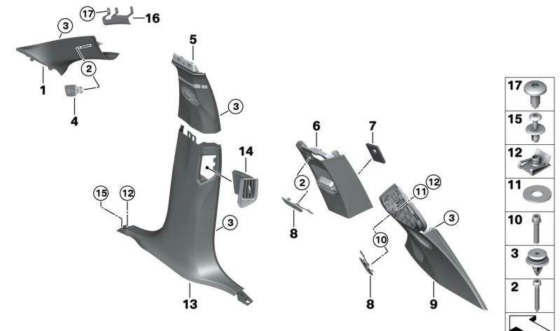 Embellecedor derecho pilar B en Alcantara negro OEM 51435A0D9B6 para BMW X5 (F95, F95N, G05, G05N) y BMW X7 (G07, G07N). Revestimiento interior original BMW.