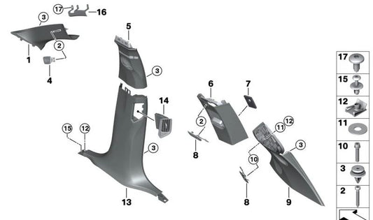 Embellecedor derecho pilar B en Alcantara negro OEM 51435A0D9B6 para BMW X5 (F95, F95N, G05, G05N) y BMW X7 (G07, G07N). Revestimiento interior original BMW.