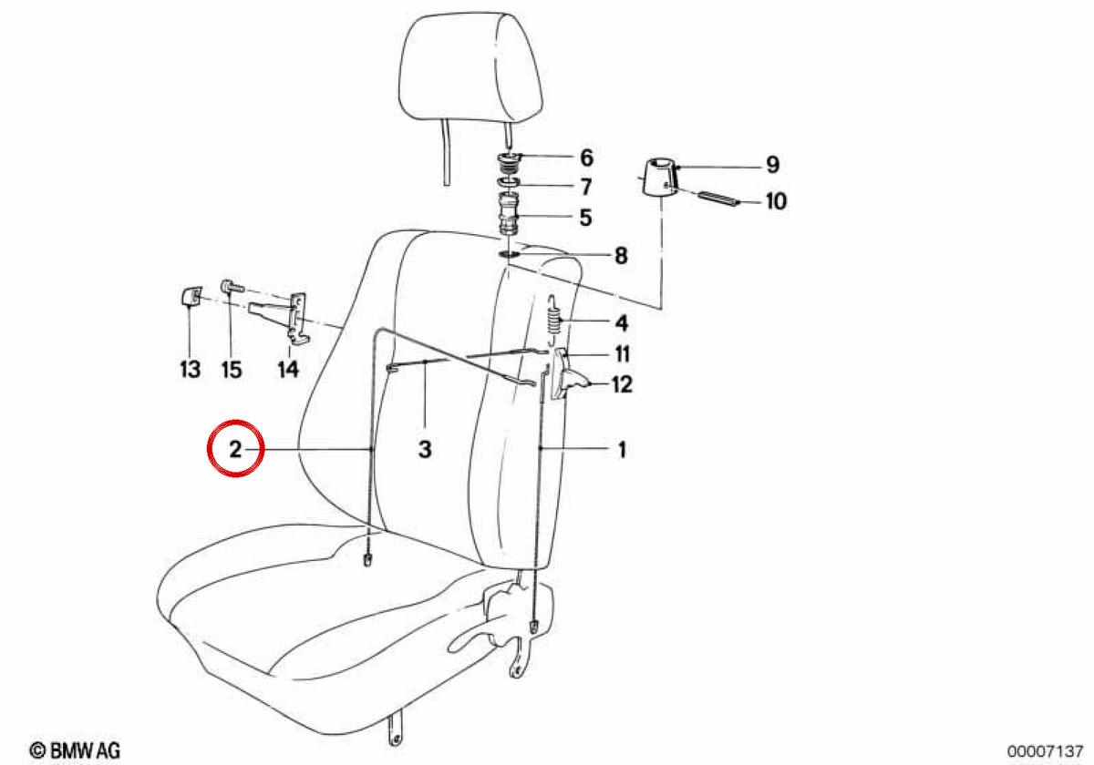 Cable de ajuste respaldo OEM 52101916612 para BMW E30, E24. Original BMW.