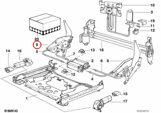 Mecanismo de ajuste asiento derecho OEM 52101964176 para BMW E34, E32. Original BMW.