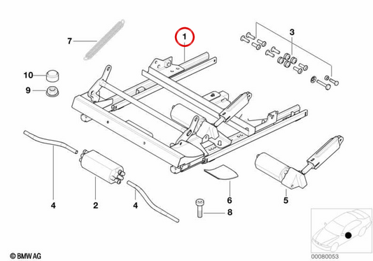 Guía de asiento izquierda sin accionamiento OEM 52102447622 para BMW E52. Original BMW.
