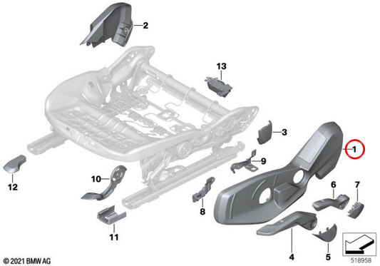 Capa externa do assento esquerdo OEM 52105A1C491 para BMW U06, U11, U12, U10. BMW genuíno.
