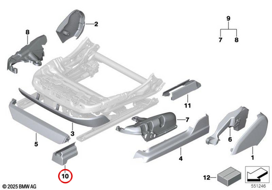 Linke äußere Sitzschienen-Abdeckkappe OEM 52105A43077 für BMW 7er G70, G73 (2021–2025). Original BMW.