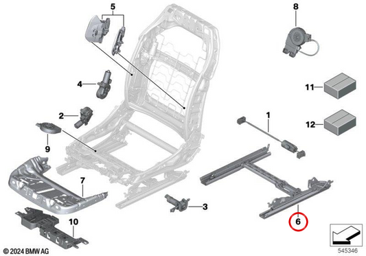 OEM 52105A69C07 left seat adjustment guide for BMW G60, G61, G68, G90. Original BMW.