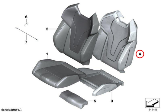 Left front seat backrest padding with ventilation OEM 52105B47A45 for BMW M5 G90, M5 Touring G99. Original BMW.