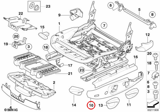 Tapa lateral derecha del asiento OEM 52107157396 para BMW E90, E91, E84, F25, F26. Original BMW.
