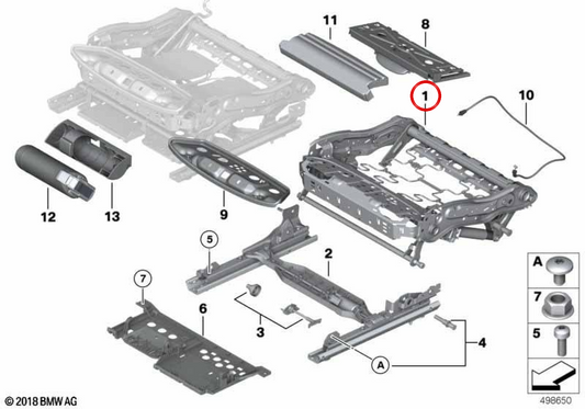 Estructura de asiento eléctrica derecha OEM 52107266330 para BMW F07, F10, F11, F01, F02, F04. Original BMW.