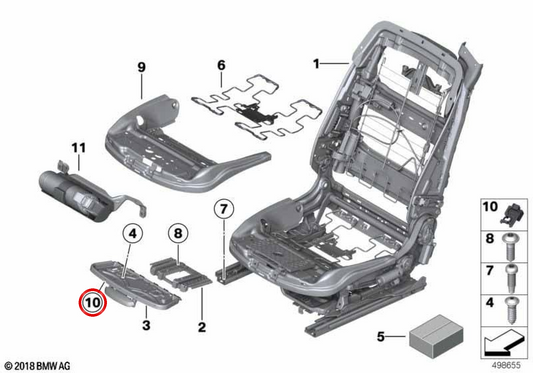 Clip de sujeción de apoyo para muslos OEM 52107276863 para BMW F06, F12, F13. Original BMW.