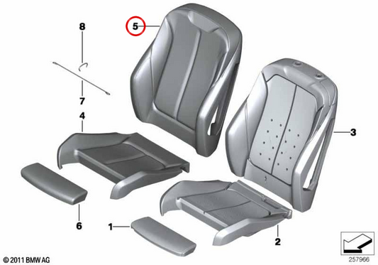 Funda respaldo asiento deportivo en cuero izquierdo OEM 52107295143 para BMW F20, F30, F31, F34, F36. Original BMW.