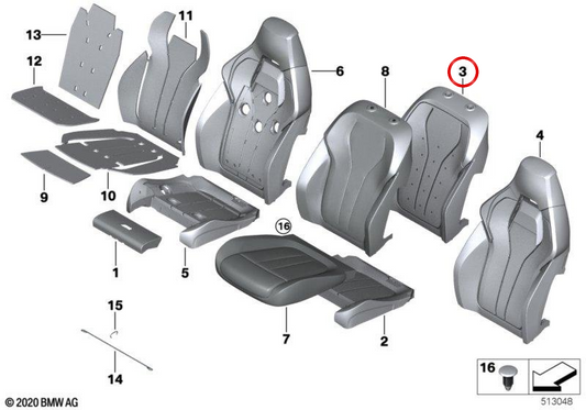 Espuma respaldo deportivo izquierdo OEM 52107303539 para BMW F15, F85, F16, F86. Original BMW.